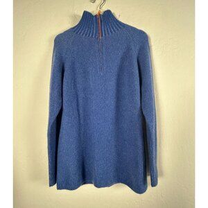 The Elder Statesman Womens Blue Cashmere Ribbed 1/4 Zip Mock Neck Sweater Large